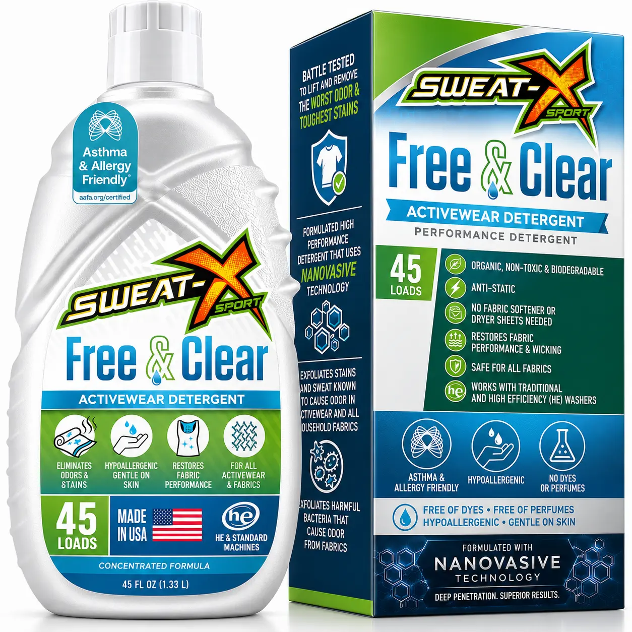 Sweat X Sport Free & Clear Activewear Laundry Detergent – Fragrance-Free, Hypoallergenic for Sensitive Skin, 45 Loads, HE & Standard Washers, 45 fl oz