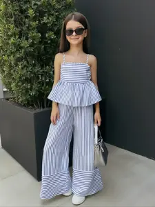 Girls' Striped Halter Top and Straight Leg Wide Leg Pants Holiday Style Set, 2 Piece Summer Casual Striped Sets Sleeveless Set for Fashion Girls
