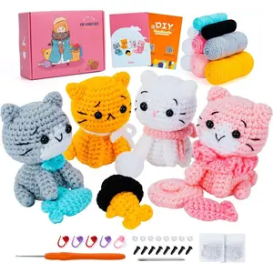 Crochet Kit for Beginners - Cat Crochet Kit with Step-by-Step Video Tutorials, Learn to Crochet Kits for Adults, 4 PCS Crochet Animals Cat with Hat, Toy, Fish Crocheting Set