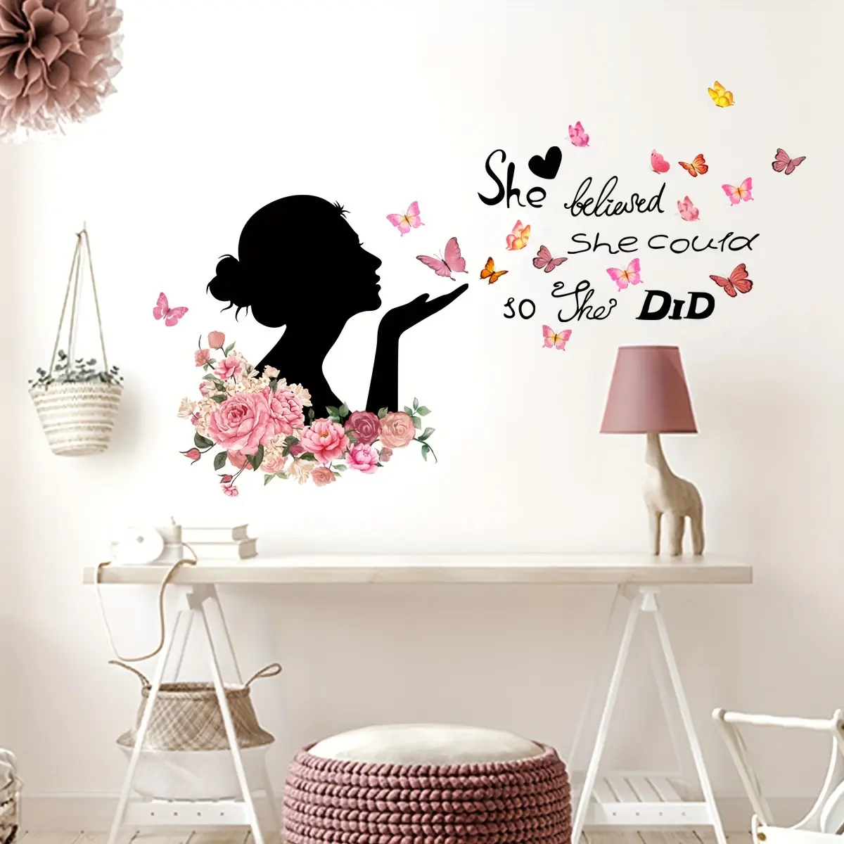 A Valentine's Day girl butterfly inspirational phrase wall sticker, room decoration wall sticker, self-adhesive floral flower wall sticker MS200, Home Decor