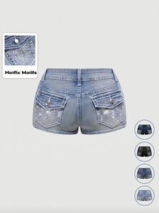Women's Y2K Butterfly Embroidered Rhinestone Low Waist Stretch Denim Shorts, Light Wash, Fashionable and Comfortable, Perfect for Casual Wear