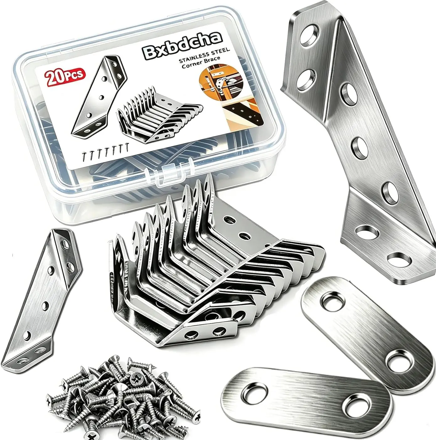 Corner Braces for Wood - 22PCS Stainless Steel Corner Brackets Straight Brace Kit, L Brackets for Shelves, Universal Furniture Corner Connector, Metal Angle Bracket for Cabinet, Drawer, Table, Chair