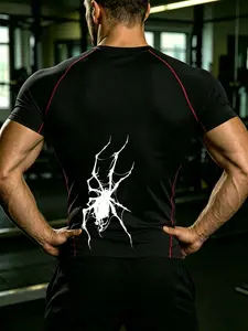 Men's Summer Y2K Spider Print Workout Short Sleeve, Comfortable Breathable Compression Top, Ideal for Outdoor Sports and Gym