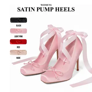 CYNLLIO Womens Satin Ballet Heels Closed-Back Pumps Bownot with Removable Ribbon Closed Square Toe Elegant Lace Up Ballerina Stiletto Heel Ankle Strappy Mary Janes Slip On Comfy Wedding Party Casual Work Dating Fashionable Spring Graduation Heels Shoe