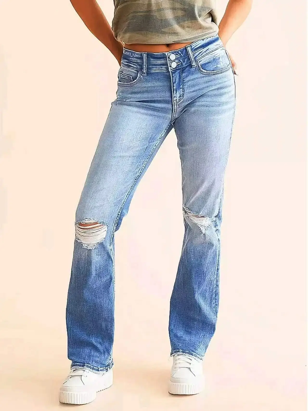 women'sWomen's High-Waist Double-Button Graduated Wash Ripped Knees Flare Denim Jeans, Casual Long Denim Fabric Bottoms Womenswear Basic