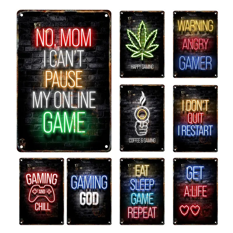Gaming Room Tin Sign Metal Poster Wall Art Video Game Playroom Decor Picture Gamer Boy Neon Lights Letter Plate