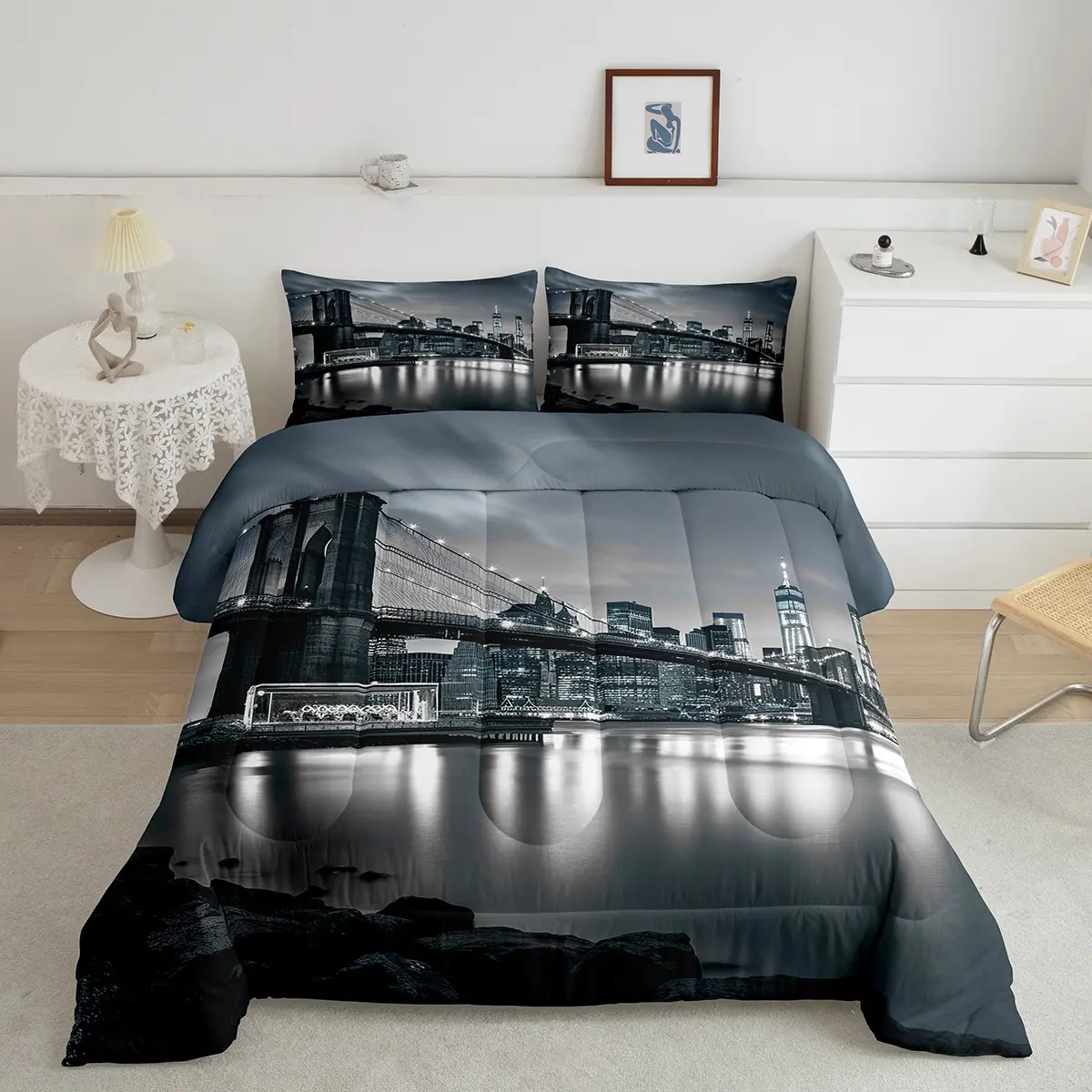 Feelyou Bed Comforter Set - Black White Brooklyn Bridge Digital Print Luxury Bedding, Soft Texture Famous Town Image Quilt, Machine Washable Twin/Queen Sizes for Bedroom Decor, Bedspread Set, Decorative Bedding Set