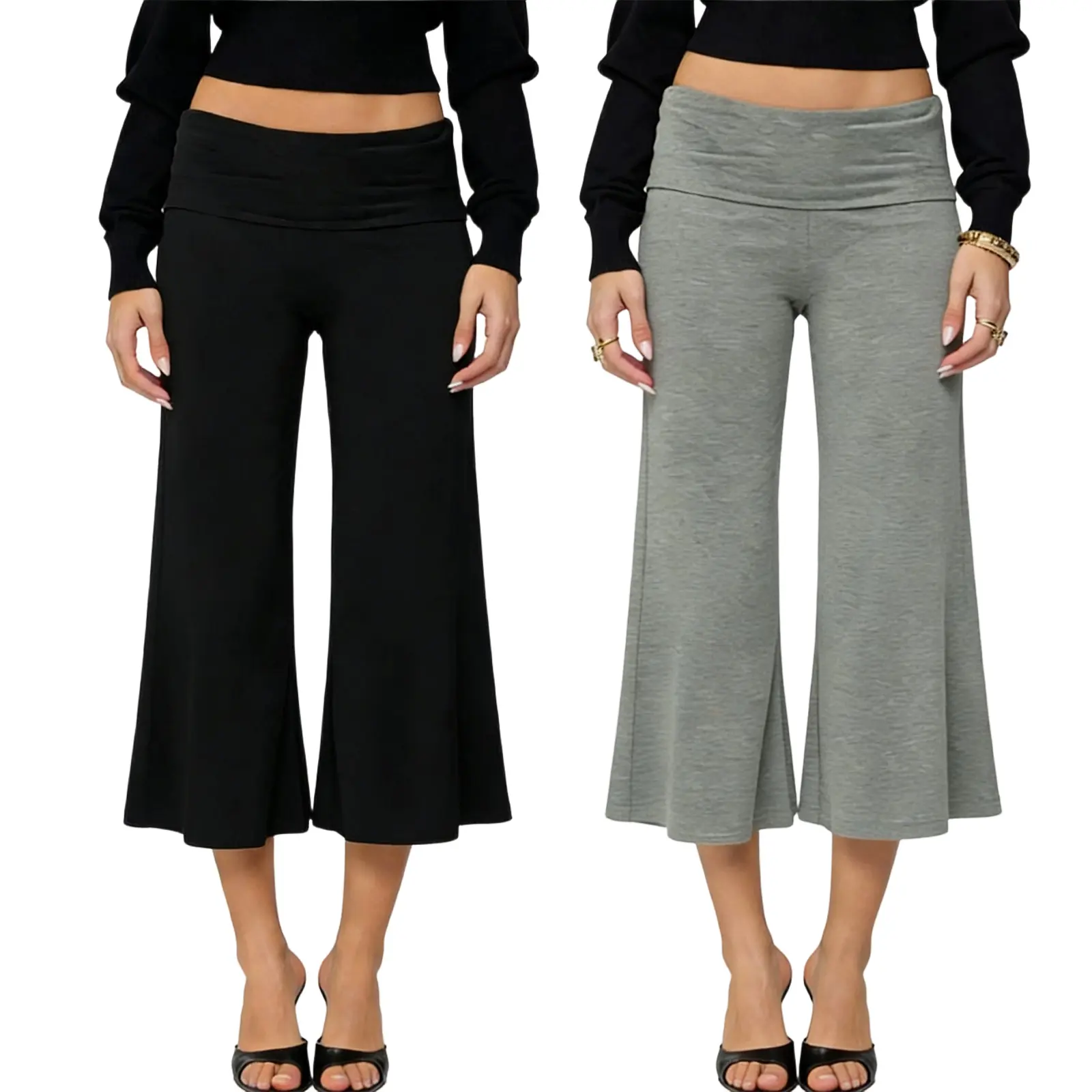 Women's Fold Over Waist Capri Fashionable Casual Solid Color Low Rise Wide Leg Crop Pants Black Womenswear gaucho pants linen pants women
