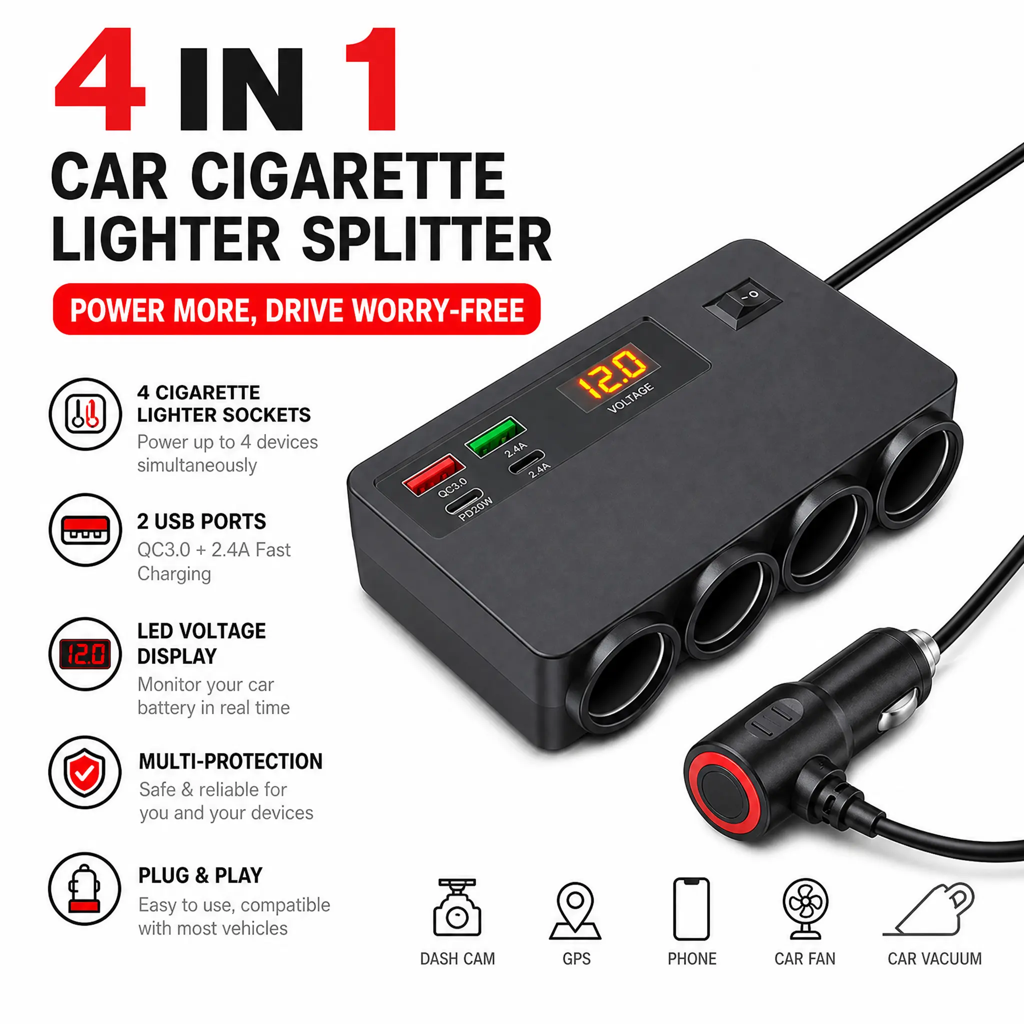 4 IN 1 Car Cigarette Lighter Splitter -4 Cigarette Lighter Sockets + Dual USB QC3.0 Fast Charging, LED Voltage Display, Multi-Protection Plug & Play. Universal Power Adapter for Dash Cam, GPS, Phone & Vacuum  Road trip car accessories