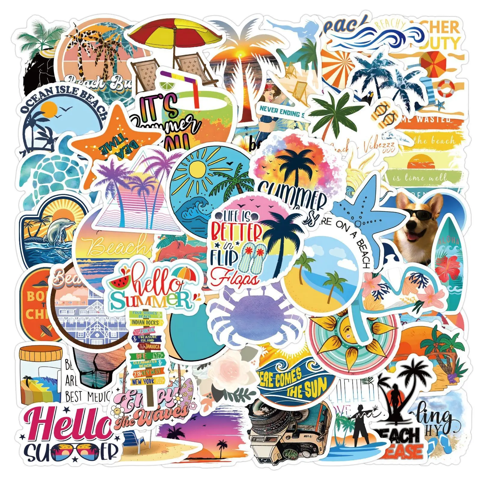 60 Sheets Beach Surfing Graffiti Stickers, Waterproof Car Luggage Cup Stickers, Fun Decorative Decals for Vehicles and Accessories