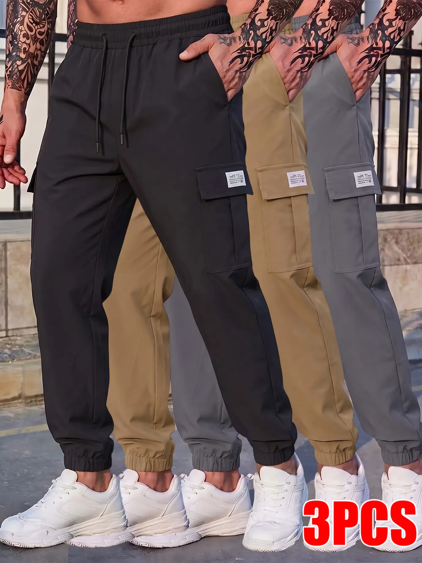 3-PCS White Rectangular Label Side Flap Pocket Full Draw Waist Jogger Cargo Pants, Lightweight Elastic Cuff Work Trousers, 3 Tone Mens Daily Street Bottoms Multi Pack