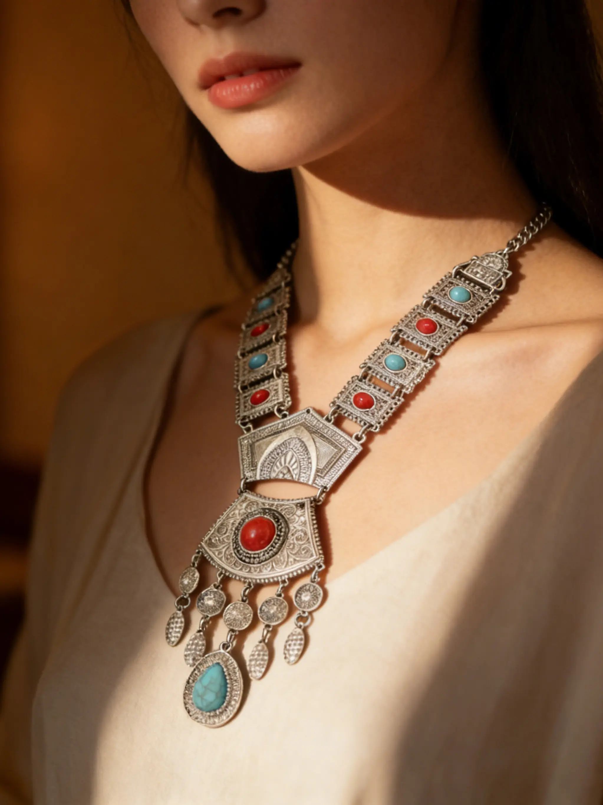 Natural Turquoise Beaded Necklace with Zinc Alloy Chain and Crystal Inlay, Unique Ethnic Patterns Geometric Carved Flower Pendant, Pendant Design, Dangle Boho Style Jewelry for Women, Geometric Carving