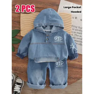 2pcs Boys & Girls Denim Hoodie & Pants Set All-Season Western Outfit with Large Pocket Hooded Sweatshirt Matching Blue Jeans for Cowgirl Birthday Party & Outdoor Play
