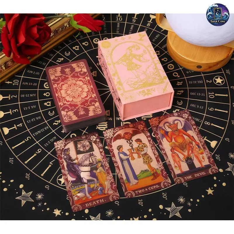 Tarot Cove Pink Holographic Tarot Deck Gold Foil Color Shifting Waterproof Cards Complete Gift Set with Guidebook Luxury Box