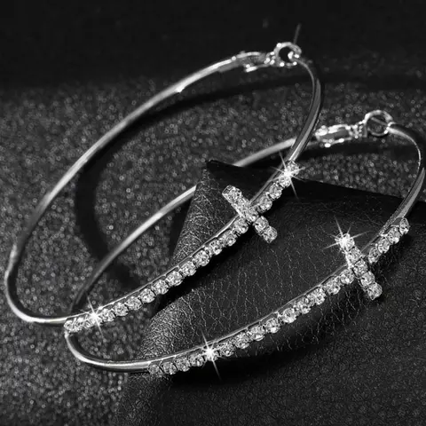 Women's Exaggerated Large Circle Earrings, Sparkling Cross Rhinestone Hoop Earrings, Unique Personalized Jewelry for Women, Studded Cross Earrings, Trendy Jewelry, Stylish Jewelry