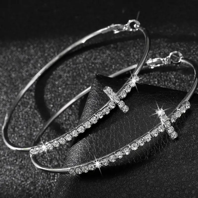 Women's Exaggerated Large Circle Earrings, Sparkling Cross Rhinestone Hoop Earrings, Unique Personalized Jewelry for Women, Studded Cross Earrings, Trendy Jewelry, Stylish Jewelry