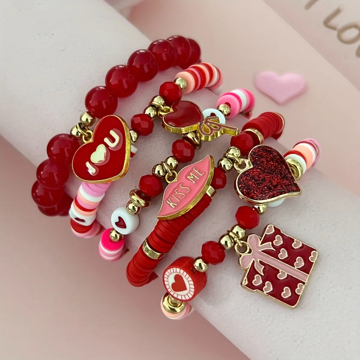 5PCS Valentine's Day Love Token Bracelets - Soft Clay Beads, Heart Charms, Elastic Metal-Free Couple Style, Bracelet Stacking, Everyday Wear