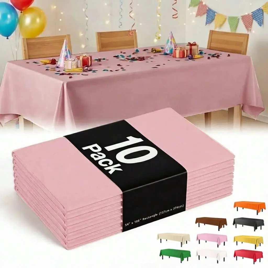 10 Pack Disposable Plastic Table Cloth (54"x108") - Waterproof Party Table Covers for 6ft 8ft Tables, Birthday, Wedding, Picnic & Party Supplies