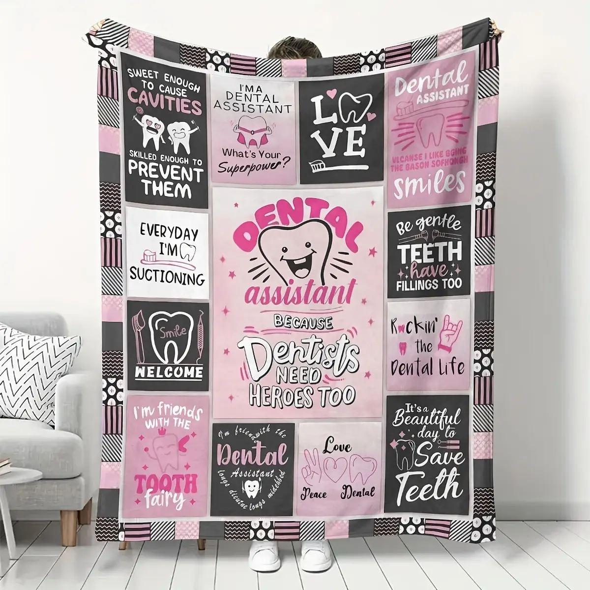 Love Teeth Themed Digital Print Flannel Blanket - Soft, Comfortable Coverlet for Sofa, Bed - Holiday Gift Bedding Throw