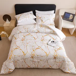 3-piece golden marble-patterned bed set, thickened version (1 Quilt +2 pillowcases without pillow cores), quilted soft, breathable, digital printed for bedroom, dormitory and home use, light luxury sleep, modern and simple