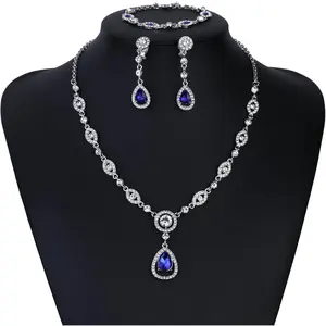 FIBO STEEL Luxurious Bridal CZ Jewelry Set for Women Wedding Party Prom Bridesmaid Teardrop Pendant Earrings Necklace Bracelets Eco-friendly Alloy Sparkling CZ Adjustable Size Ideal Gift