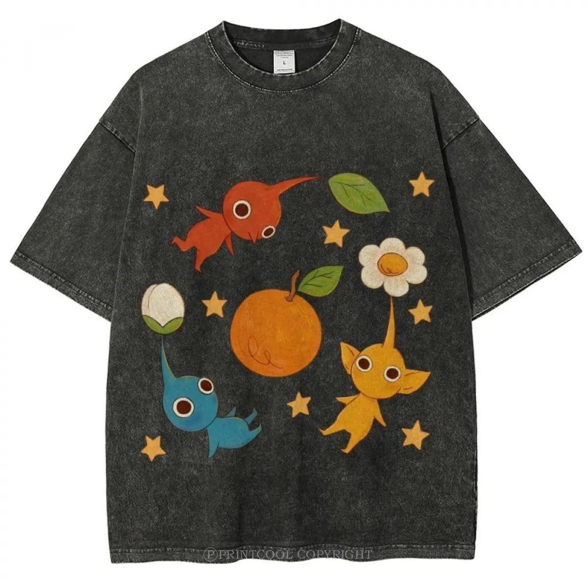 Unisex Vintage Washed Short-Sleeve Round-Neck T-Shirt, Cute Characters, Oversized Streetwear, Colorful Casual Loose-Fit Sports Top for Men Women, Shortsleeve