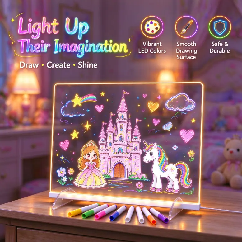 12in USB Light-Up Drawing Board, Acrylic LED Glow Writing & Message Board with Stand – 7 Neon Markers & 2 Eraser Cloths, Erasable Reusable DIY Doodle Board, Cool Gadget Gift for birthdays,Christmas,any day.
