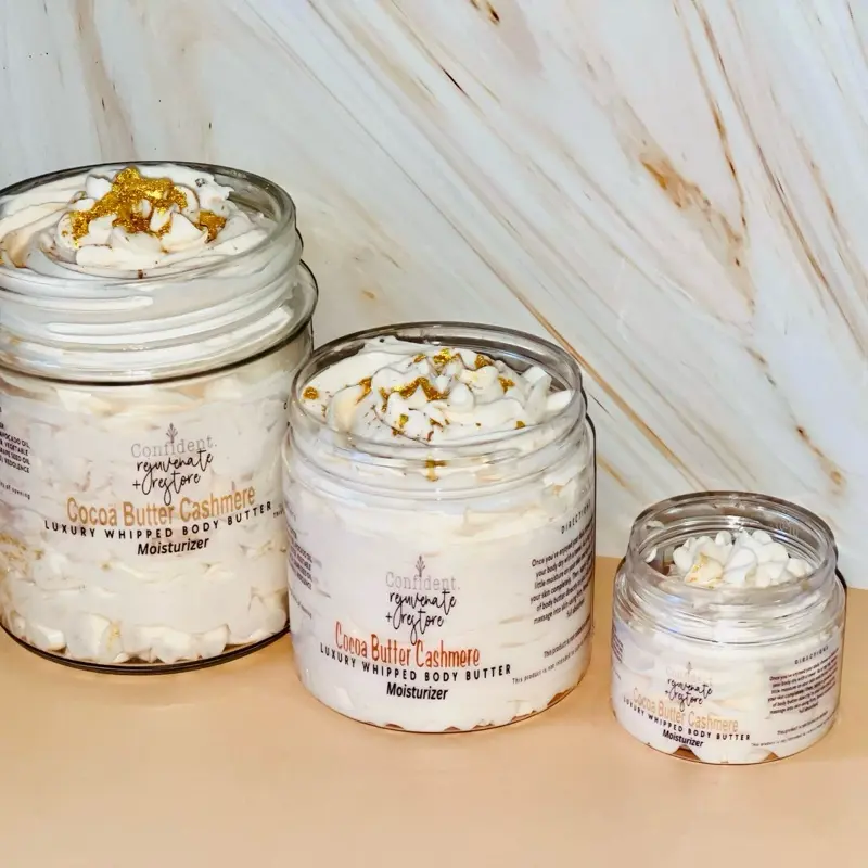 Cocoa Butter Cashmere Luxury Whipped Body Butter Moisturizer  & Exfoliant Options Sugar Glow Exfoliate. The body butter moisturizers the skin with a beautiful shimmer and the exfoliate clears dead skin.