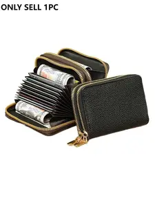 Women's Black Quilted Short Wallet, Slim Bi-Fold Card Holder, Zippered Coin Pocket, Simple Wallet