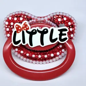 Deco Adult Pacifier Nuk 6 with Red and White Beads, "LITTLE" Text Design, Red Color, Unique Decoration