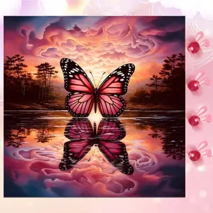 5D DIY Full Drill Round Diamond Painting - Diamond Art Kit, Pink Butterfly Mosaic, Canvas - DIY Home Decor, Wall Decoration, Suitable for Halloween, Christmas, Birthday, and Anniversary Gifts.