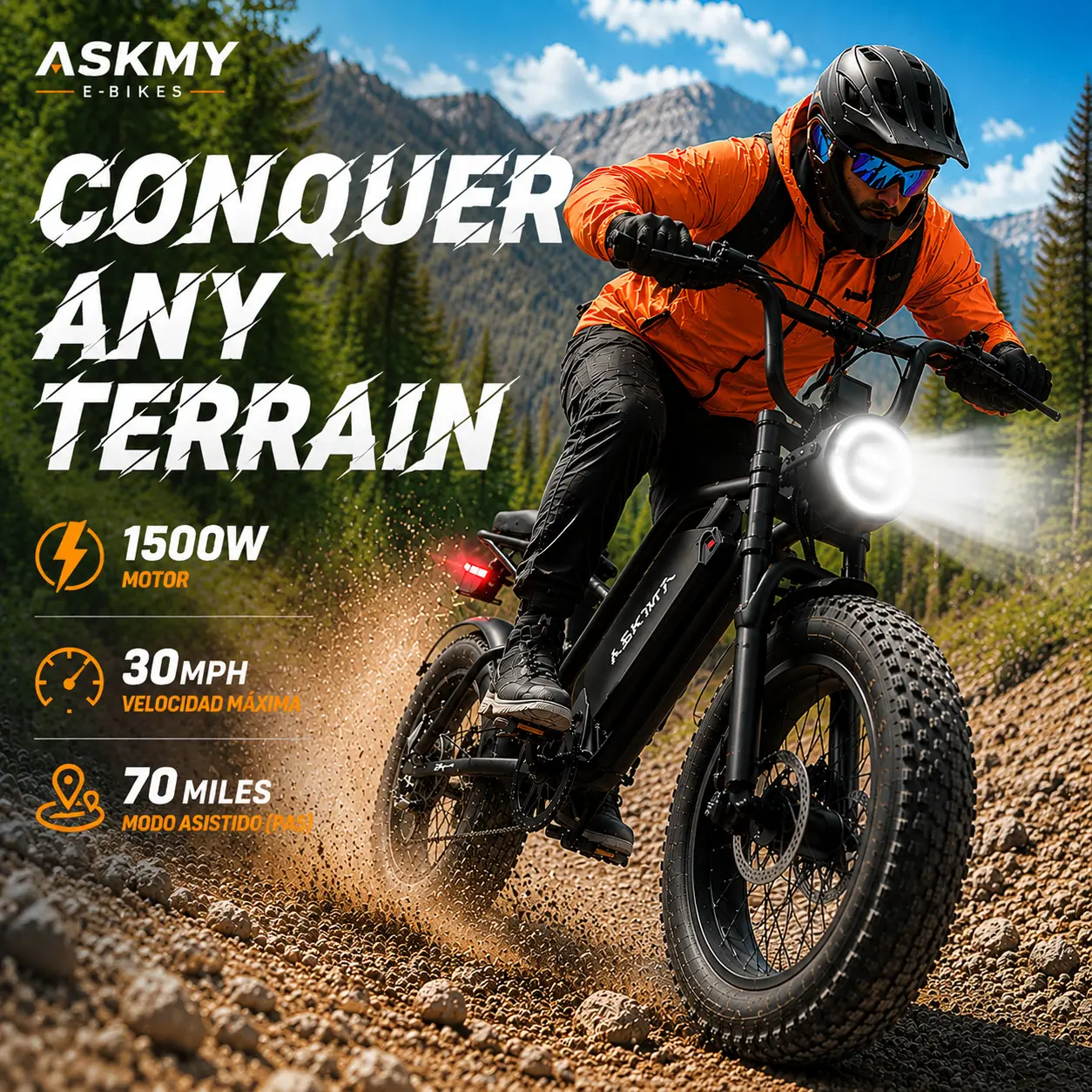 【ASKMY】Fat Tire Electric Bike | 1500W Peak Motor | High-Carbon Steel Frame | Full Suspension | Up to 30 MPH | 48V 15Ah Battery | 40–70 Miles Range | 20" × 4.0" All-Terrain Fat Tires | For City Commuting, Country Trails & Light Off-Road Riding