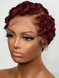 13X4 frontal lace pixie cut human hair wig finger wave human hair wig short curly human hair wig daily party use black brown burgundy color for women