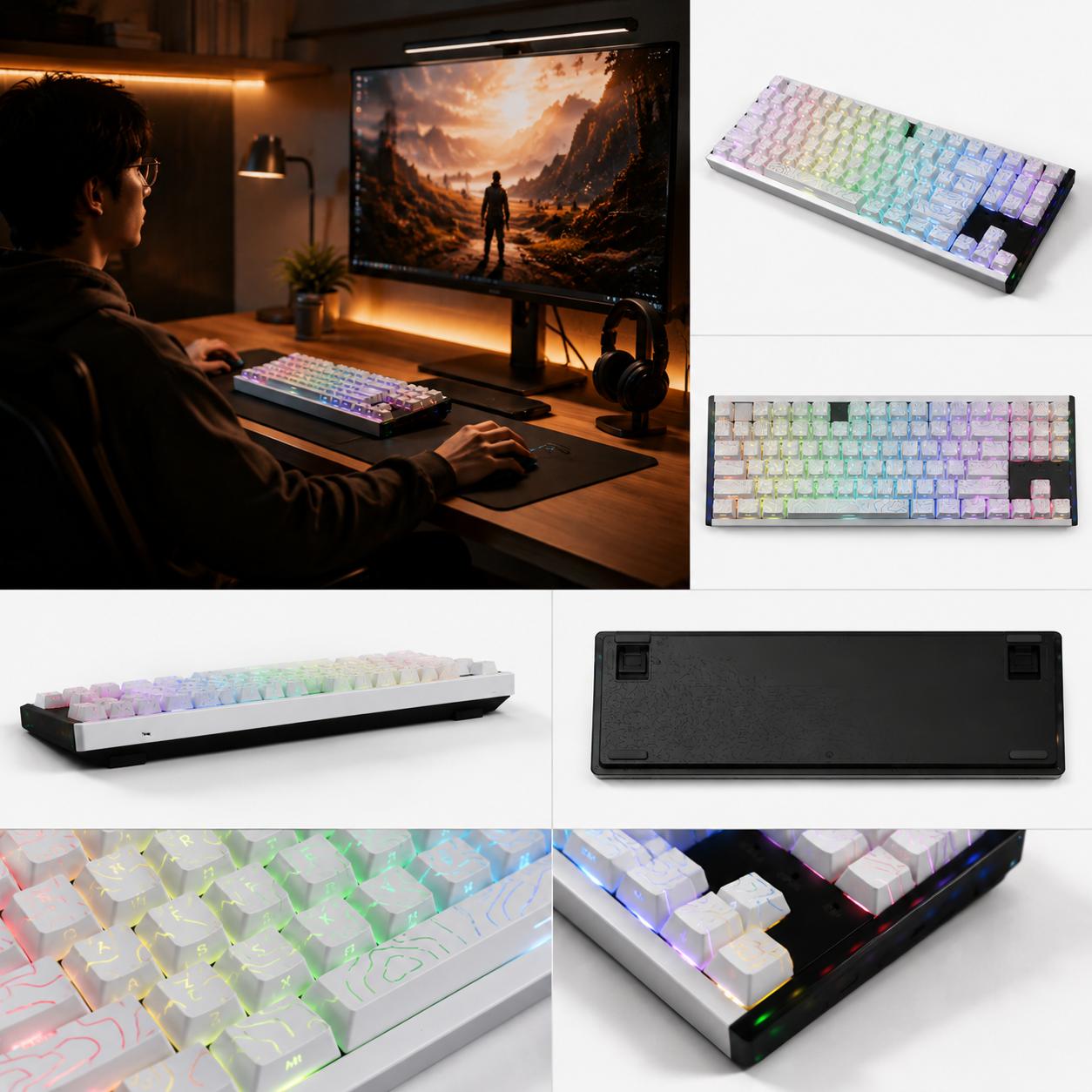 Full Size 104-Key CNC Full Aluminum Mechanical Keyboard, Hot Swappable Wired Gaming Keyboard with White Topographic Lines, Side-Printed Backlighting