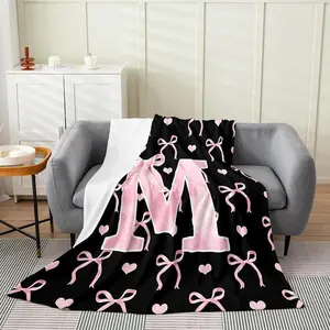 Initial Letter A-Z Flannel Blanket Throw for Girls, Black Pink Alphabet Flannel Blanket, Monogrammed Gifts for Daughter Women Teen Girls,Customized Blanket for Bedding Bedroom Office,multiple Size