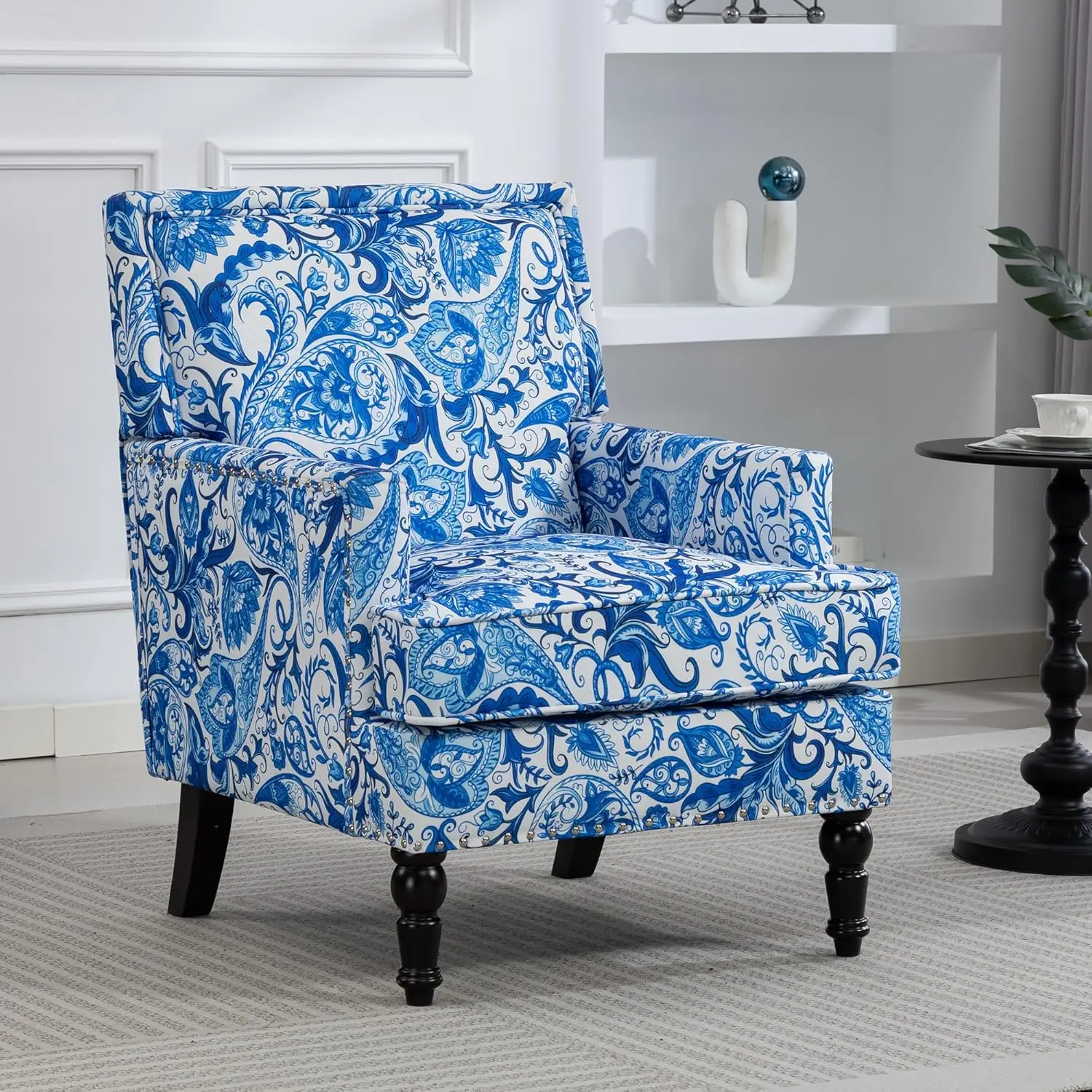 Vintage Accent Armchair, Mid Century Corner Chair with Nail-Head Trim, Comfy Upholstered Reading Chair, Mediterranean Chair for Living Room Bedroom Guest Room