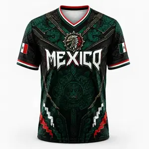 2026 New Mexico Eagle Warrior V-Neck Sports Jersey, Aztec Calendar Graphic Short Sleeve Shirt for Men, Green Black Soccer Fan Tee