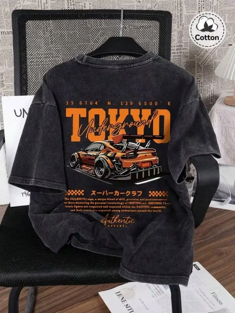 Vintage Washed Tokyo Underground Racing Double-Sided Graphic Tee | 230gsm Heavyweight Streetwear, Unisex Oversize Crew Neck Cotton Car Culture Casual Top for Men & Women
