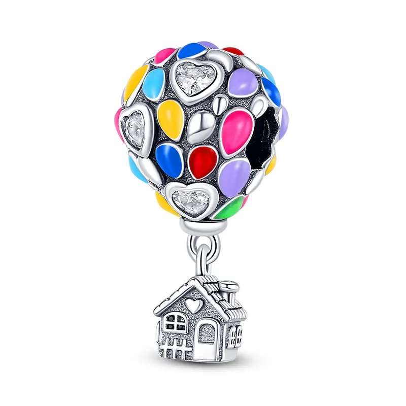 MULA Whimsical Hot Air Balloon Pendant, 925 Sterling Silver Charm with Rainbow Enamel and Heart-Shaped CZ, Compatible with Pandora Bracelets for Women, Heart Shaped Pendant, Whimsical Necklace, Jewellery Pendant