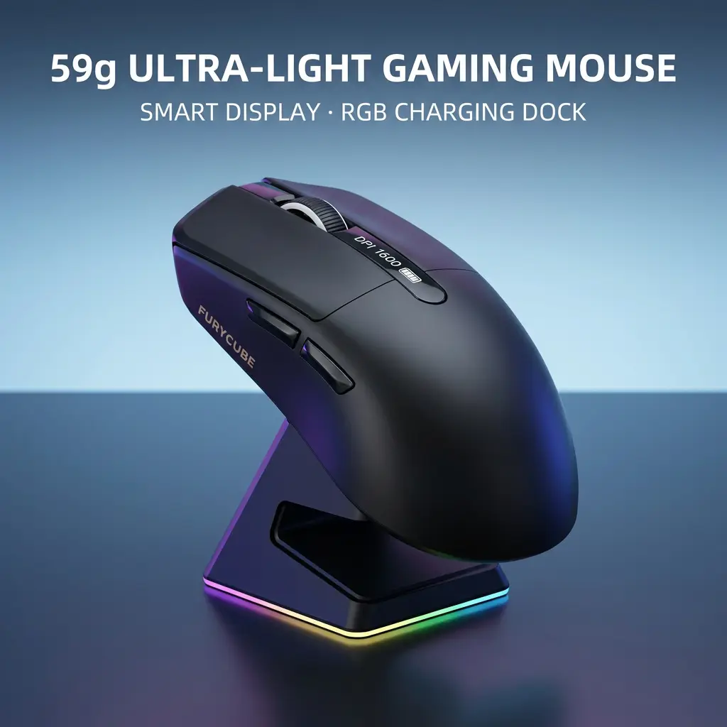 FURYCUBE G9 Black Wireless Gaming Mouse with Smart Display & RGB Magnetic Charging Dock, 59g Ultra Lightweight Tri-Mode Bluetooth/2.4G/USB-C, PAW3311 Sensor, Rechargeable FPS Mouse for PC, Gaming Setup, Built-In Li-Ion, Fps Gamers