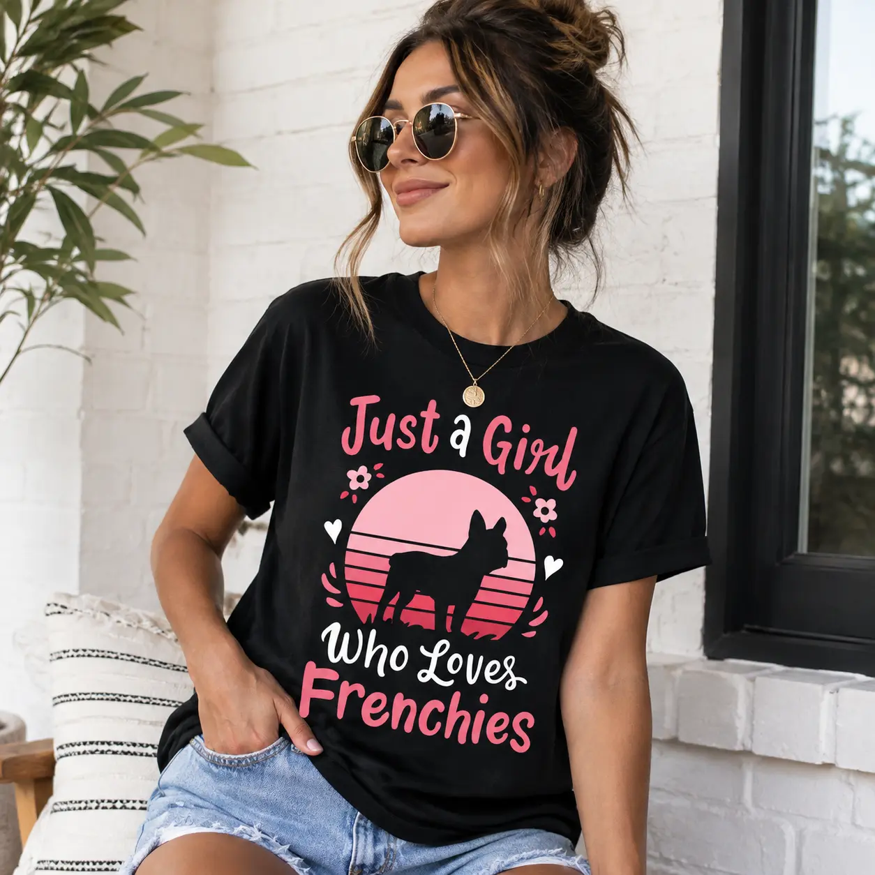 Women's French Bulldog Lover Short-Sleeve T-Shirt, Cute Dog Graphic Cotton Crewneck, Soft Loose Everyday Fit Unisex Casual Top, Perfect Gift for Dog Owners