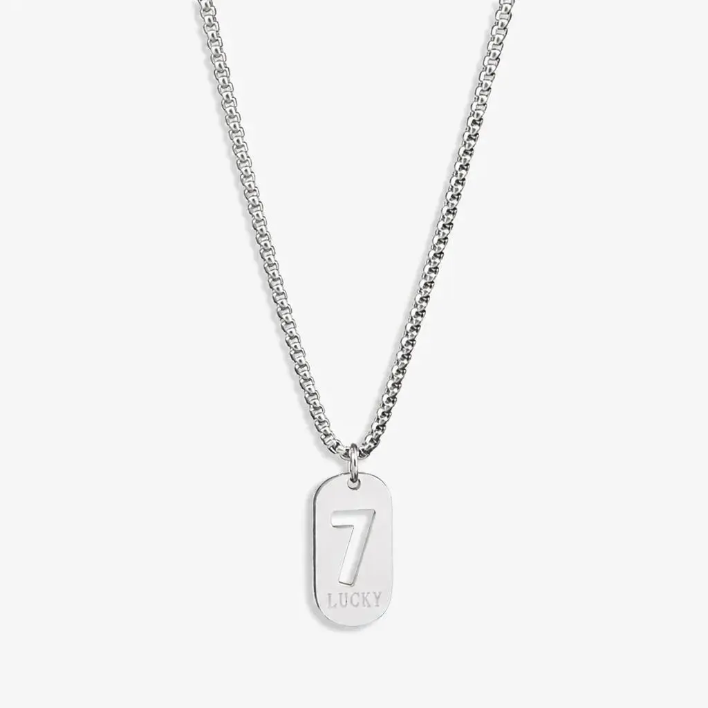Lucky Number 7 Pendant Necklace for Men Women Premium Titanium Steel Dog Tag Nameplate Hip Hop Punk Streetwear Jewelry Long Box Chain Sweater Necklace Gift