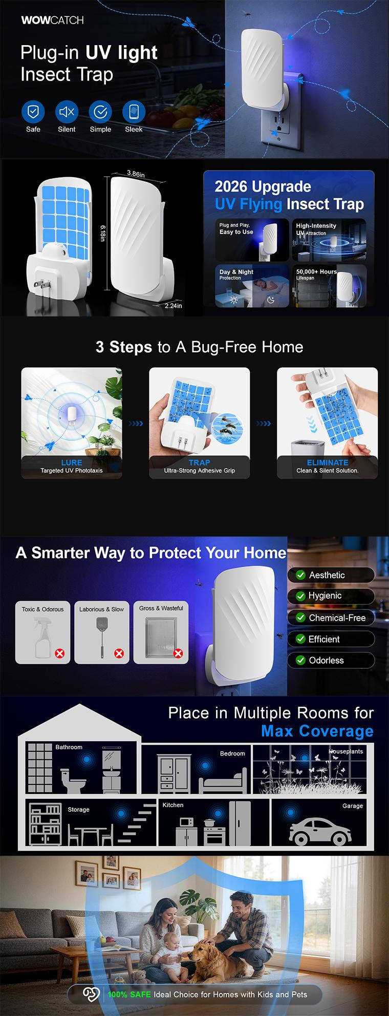 Plug-In Flying Insect Trap For Indoors, Blue UV Light Fruit Fly & Gnat Catcher With Sticky Cards, Silent Bug Pest Control For Home Kitchen & Plants, Pet Safe Mosquito Moth Drain Fly Eliminator, Mess-Free Glue Board Refill & Nightlight
