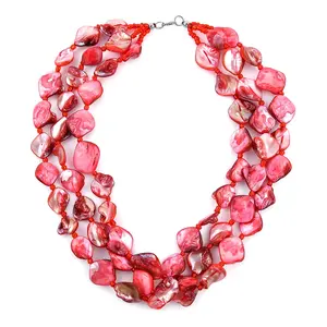 Red Pearl Multi Strand Necklace in Silvertone 18 Inches