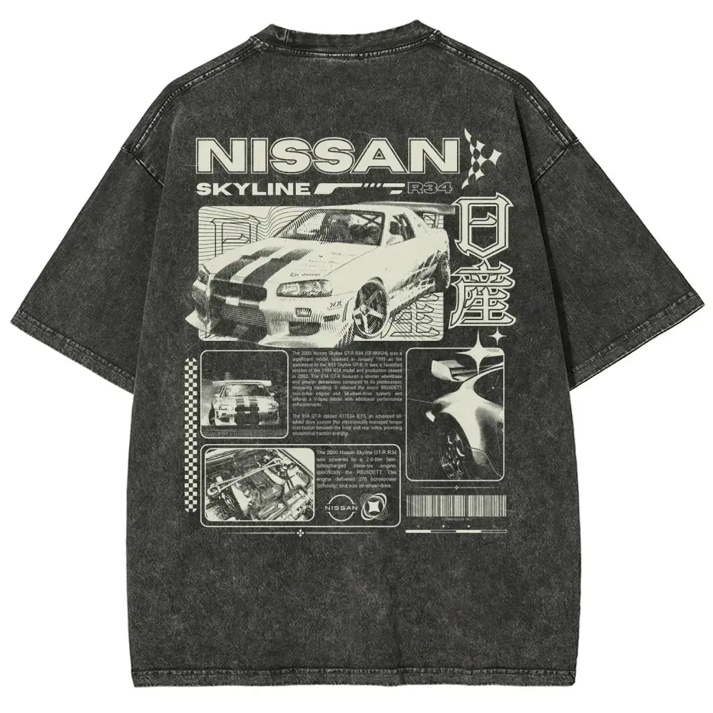 Vintage JDM Sports Car Graphic Washed Denim T-Shirt Skyline Men's Graphic Tees Streetwear Outfits Men Vacation Outfits Oversized Tshirt Men