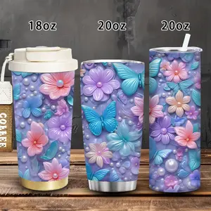 1pc 18oz/20oz Pastel Floral and Butterfly Tumbler with Lid and Straw, Winter Insulated Travel Mug, Gift for Women Men, Ideal for Valentine’s Day, Easter, Birthday Gift, Iced/Hot Coffee Cup