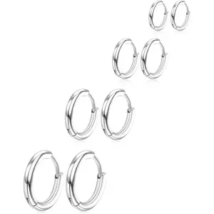 4 Pairs Surgical Steel Hoop Earrings Set for Men Women, Hypoallergenic Stainless Steel Huggie Hoop Earrings 8mm 10mm 12mm 14mm Silver, Small Cartilage Earrings Lightweight