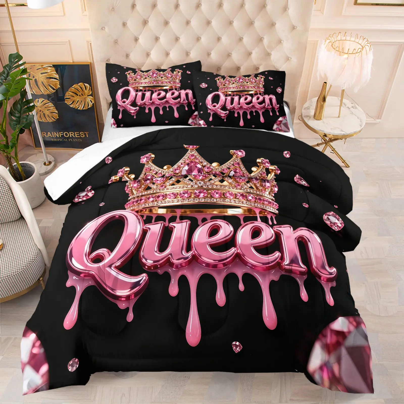Sparkling Pink Crown Queen Comforter Set, Princess Style Bedding Set (1 Comforter + 1/2 Pillowcase, No Pillow Insert), Suitable For Girls, Teenagers, Soft, Comfy Bedding Set