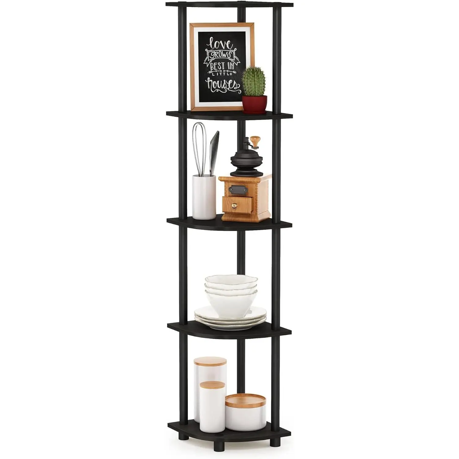 Turn-N-Tube 5-Layer Freestanding Corner Shelf Organizer - Small-space Hero Corner Space Saver Shelves, 1-Pack Espresso/Black Room Decor Home Storage Rack, 1 Unit Multifunctional Organizer