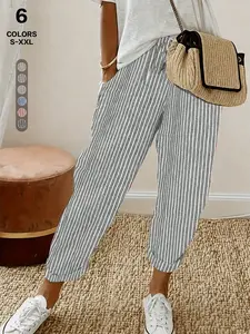 Women's Striped Gingham Pants, Summer Lounge PJ Bottom, Casual Wide Leg Beach Trouser, Plaid Pants with Pockets, All Seasons